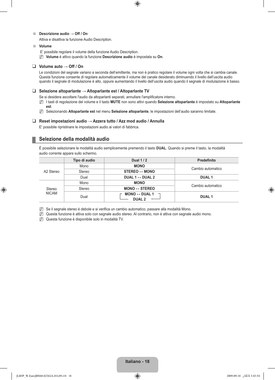 Selezione della modalità audio | Samsung LE46B530P7W User Manual | Page 164 / 336