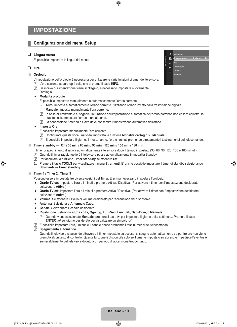 Impostazione, Configurazione del menu setup | Samsung LE46B530P7W User Manual | Page 165 / 336