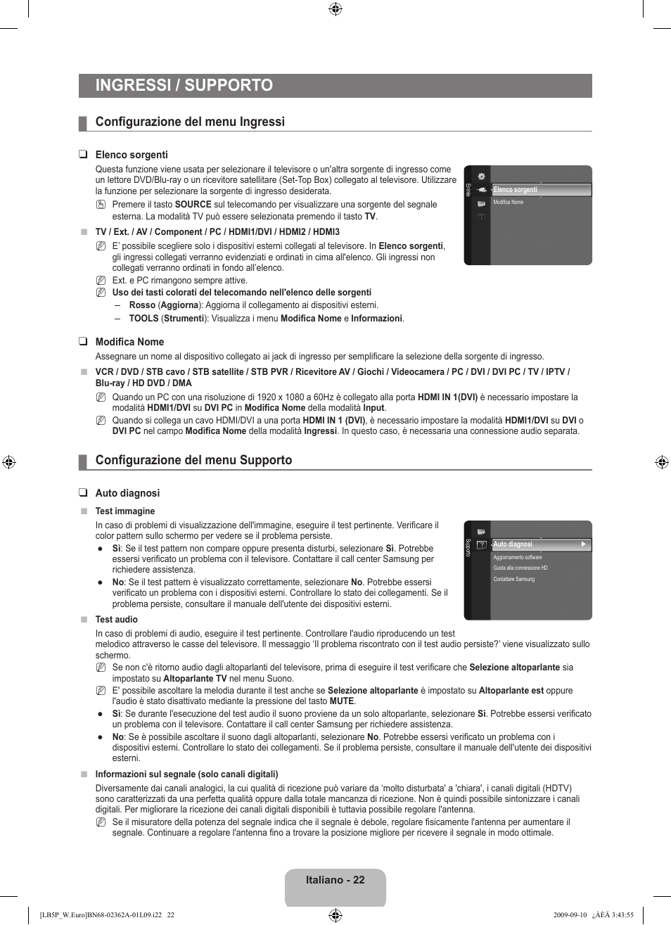 Ingressi / supporto, Configurazione del menu ingressi, Configurazione del menu supporto | Samsung LE46B530P7W User Manual | Page 168 / 336