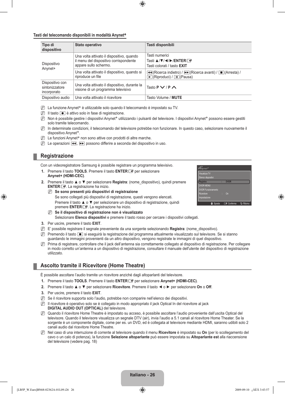 Registrazione, Ascolto tramite il ricevitore (home theatre) | Samsung LE46B530P7W User Manual | Page 172 / 336