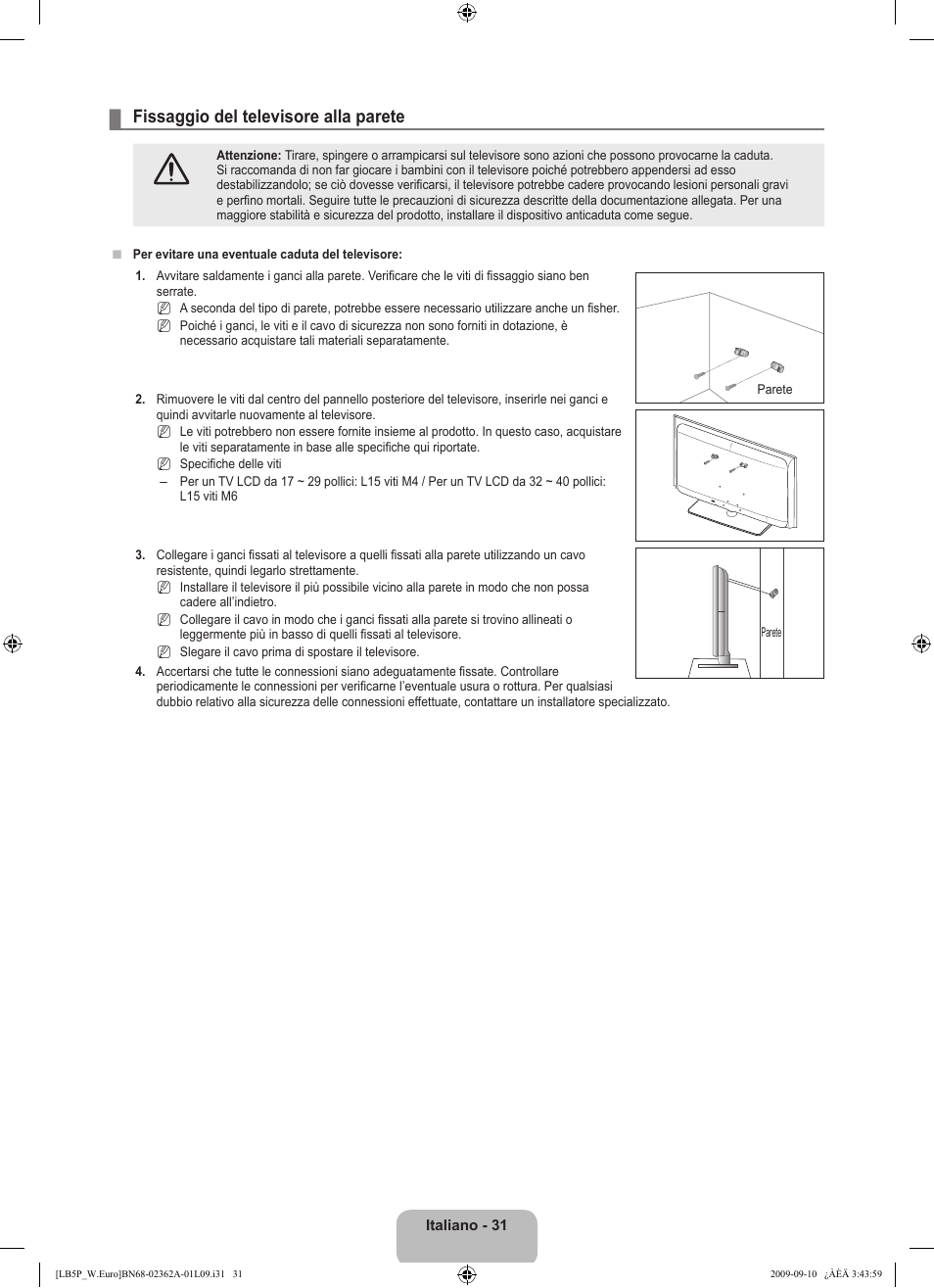 Fissaggio del televisore alla parete | Samsung LE46B530P7W User Manual | Page 177 / 336