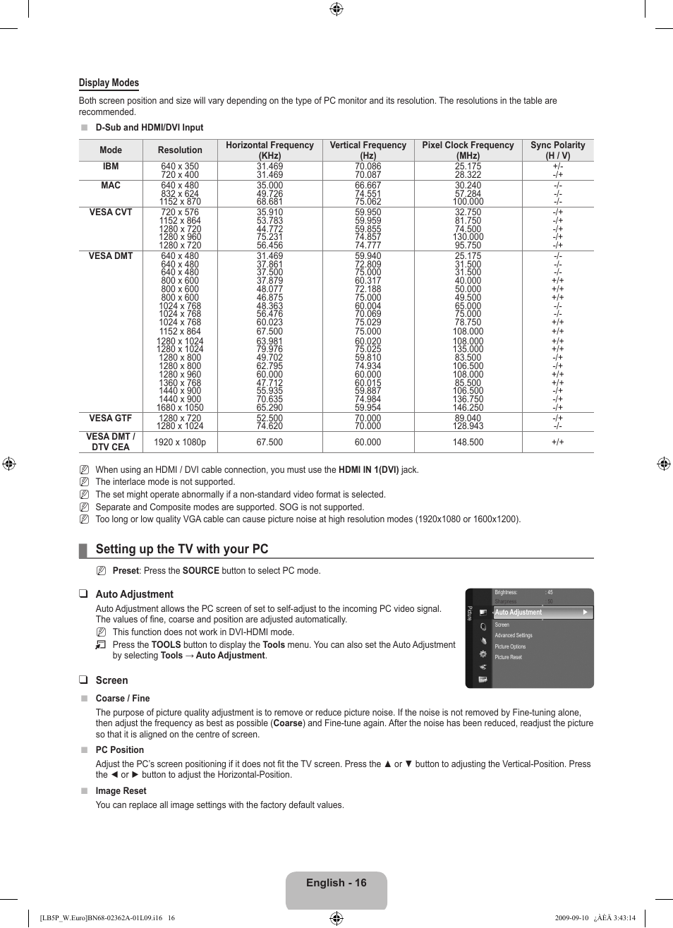 Setting up the tv with your pc | Samsung LE46B530P7W User Manual | Page 18 / 336