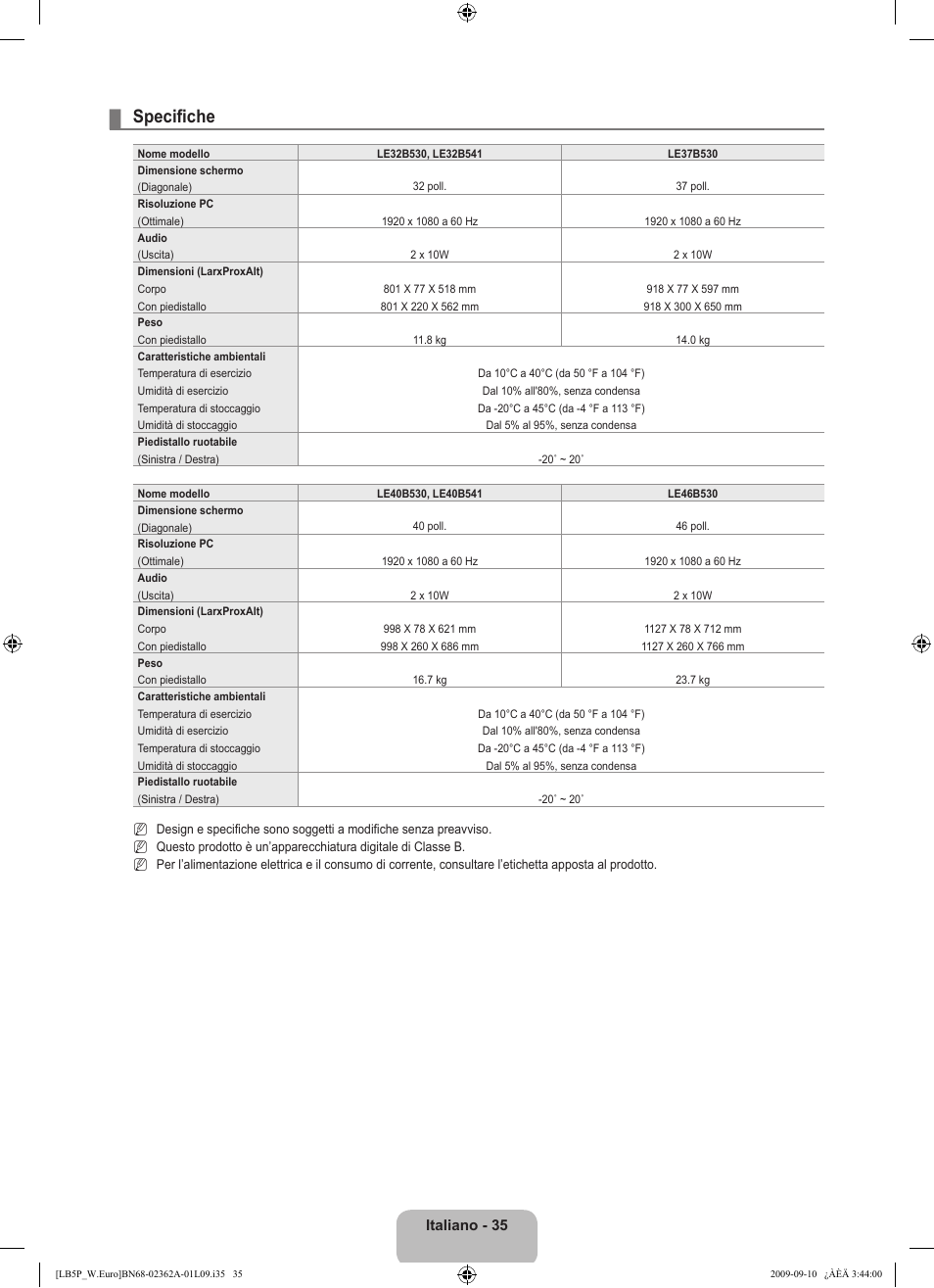 Specifiche, Italiano - 35 | Samsung LE46B530P7W User Manual | Page 181 / 336