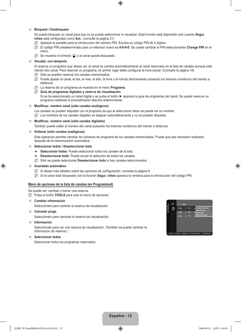 Español - 12 | Samsung LE46B530P7W User Manual | Page 196 / 336