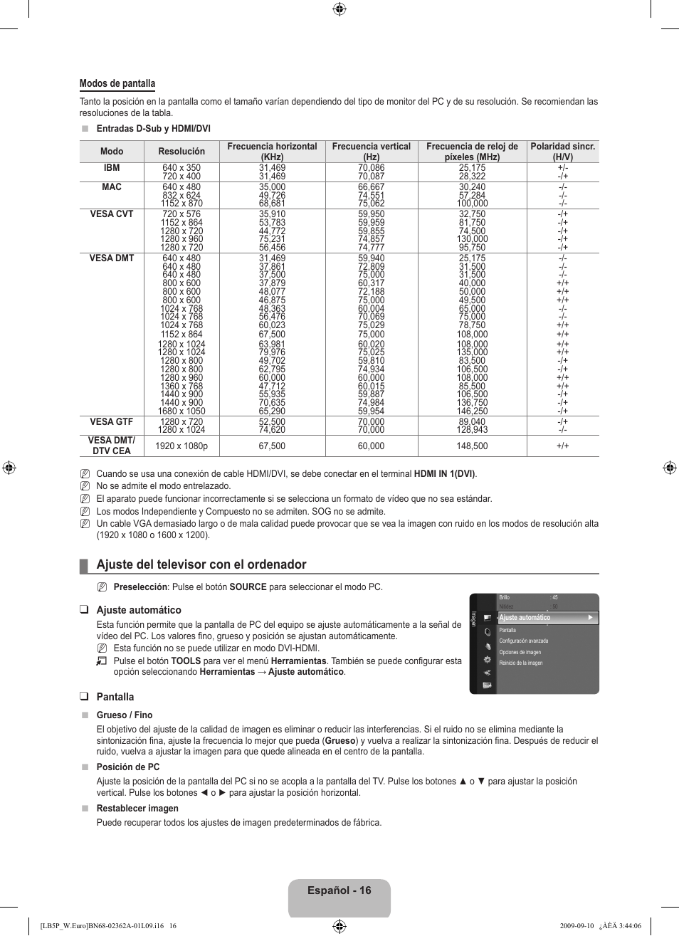 Ajuste del televisor con el ordenador | Samsung LE46B530P7W User Manual | Page 200 / 336