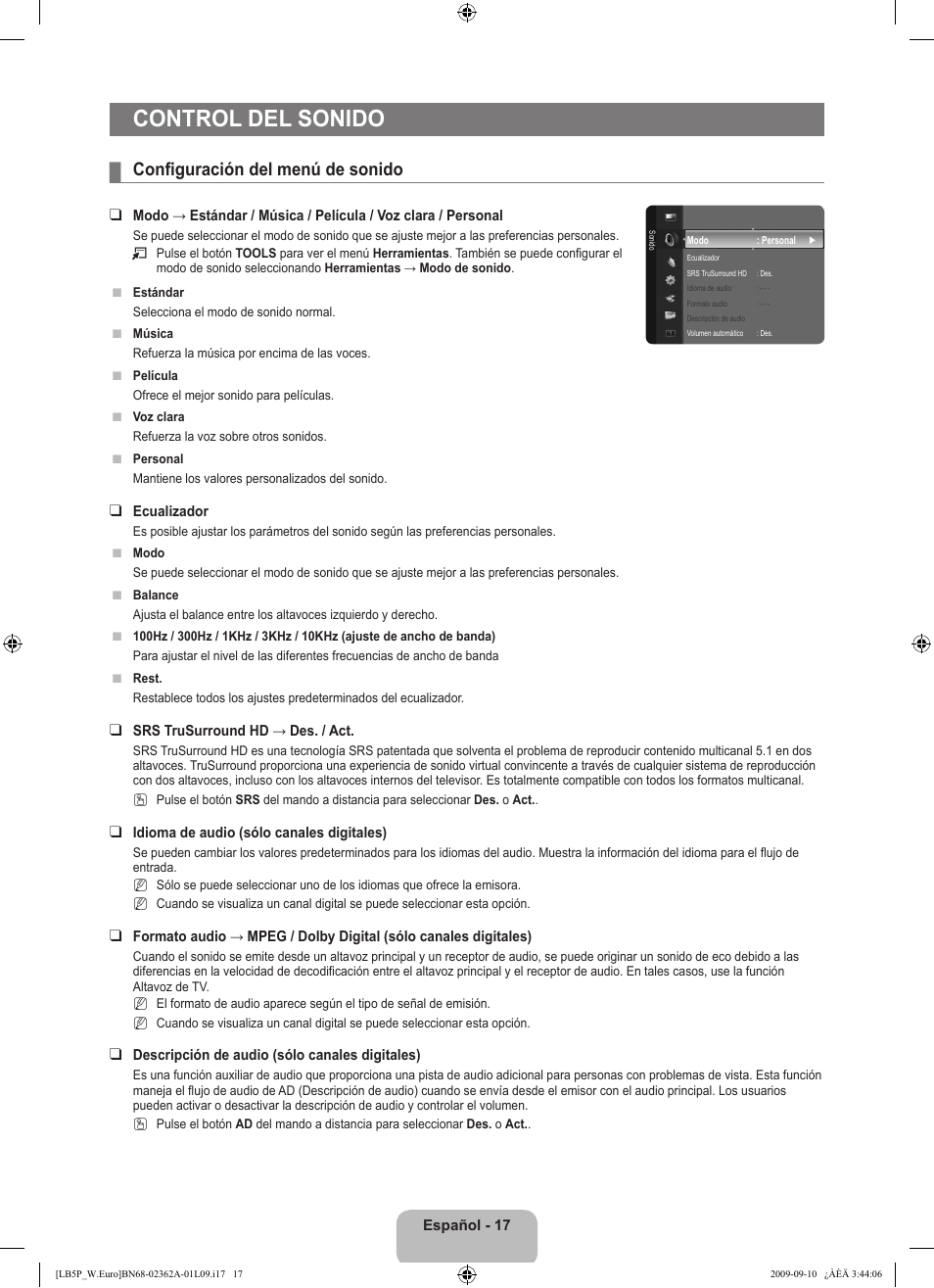 Control del sonido, Configuración del menú de sonido | Samsung LE46B530P7W User Manual | Page 201 / 336