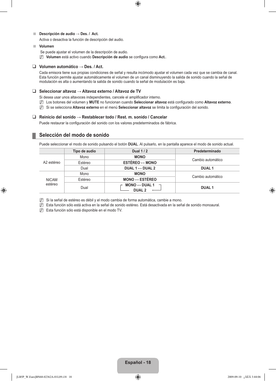 Selección del modo de sonido | Samsung LE46B530P7W User Manual | Page 202 / 336