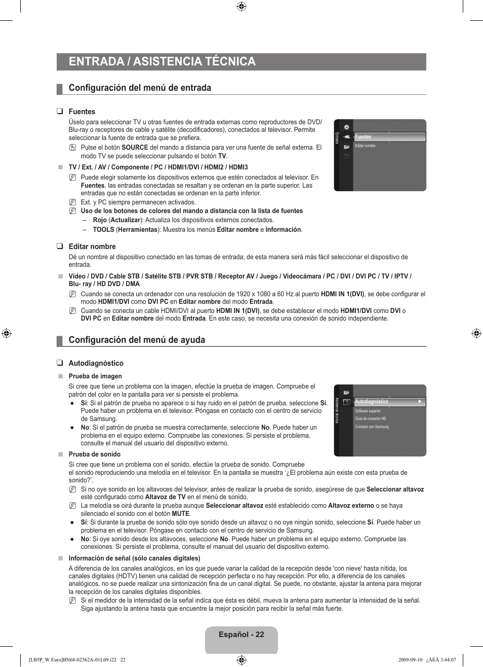 Entrada / asistencia técnica, Configuración del menú de entrada, Configuración del menú de ayuda | Samsung LE46B530P7W User Manual | Page 206 / 336