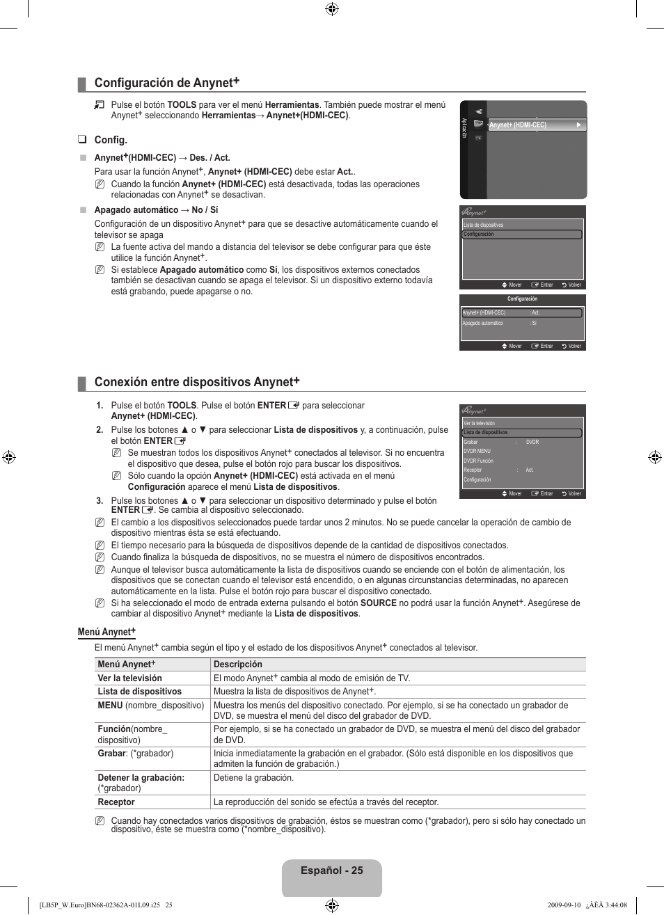 Configuración de anynet, Conexión entre dispositivos anynet | Samsung LE46B530P7W User Manual | Page 209 / 336