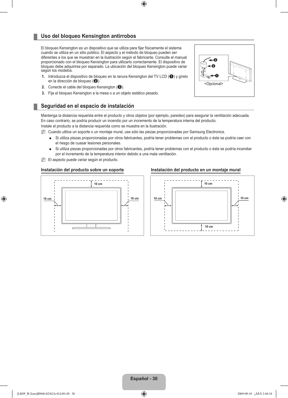 Uso del bloqueo kensington antirrobos, Seguridad en el espacio de instalación | Samsung LE46B530P7W User Manual | Page 214 / 336