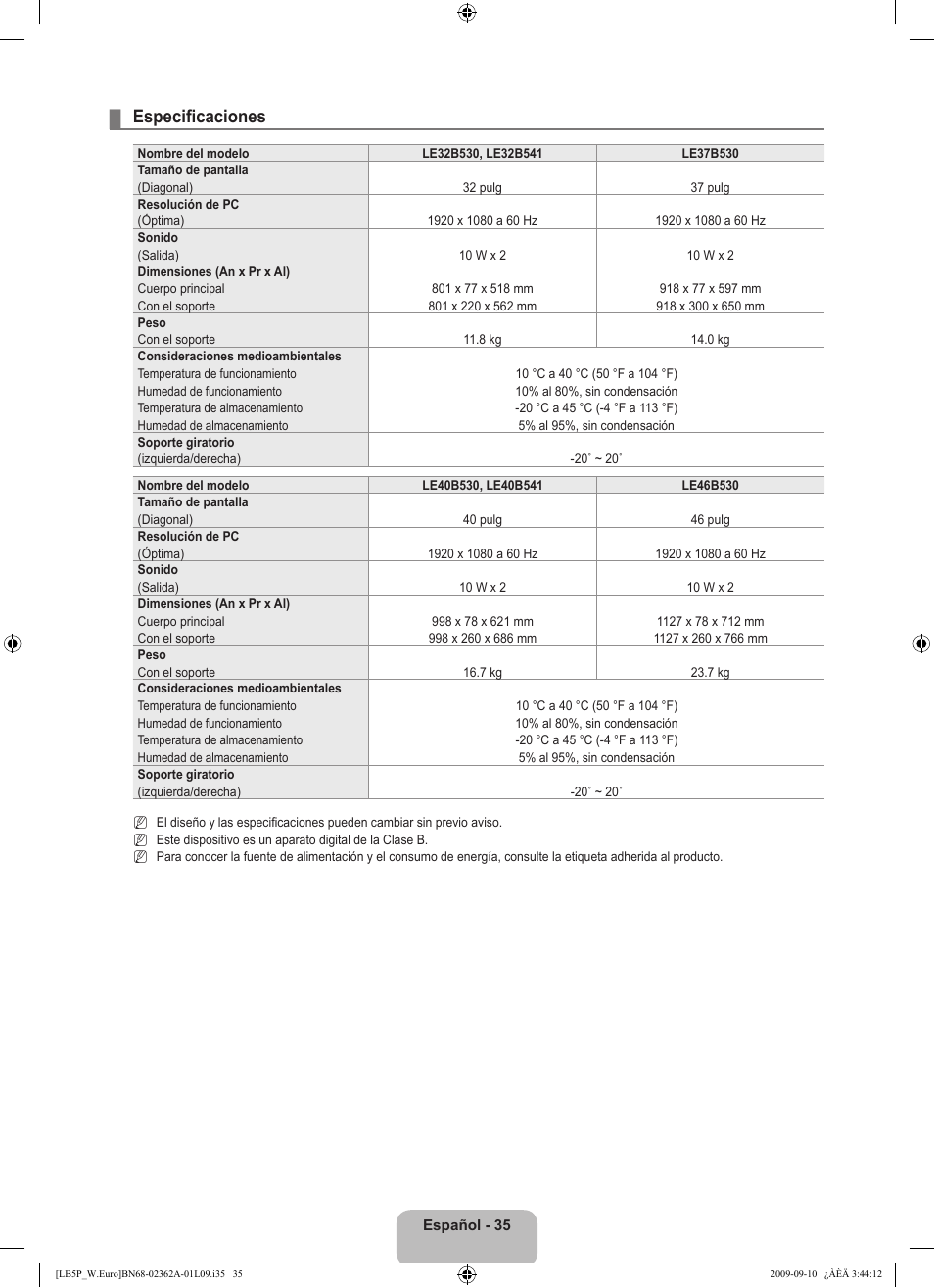 Especificaciones | Samsung LE46B530P7W User Manual | Page 219 / 336