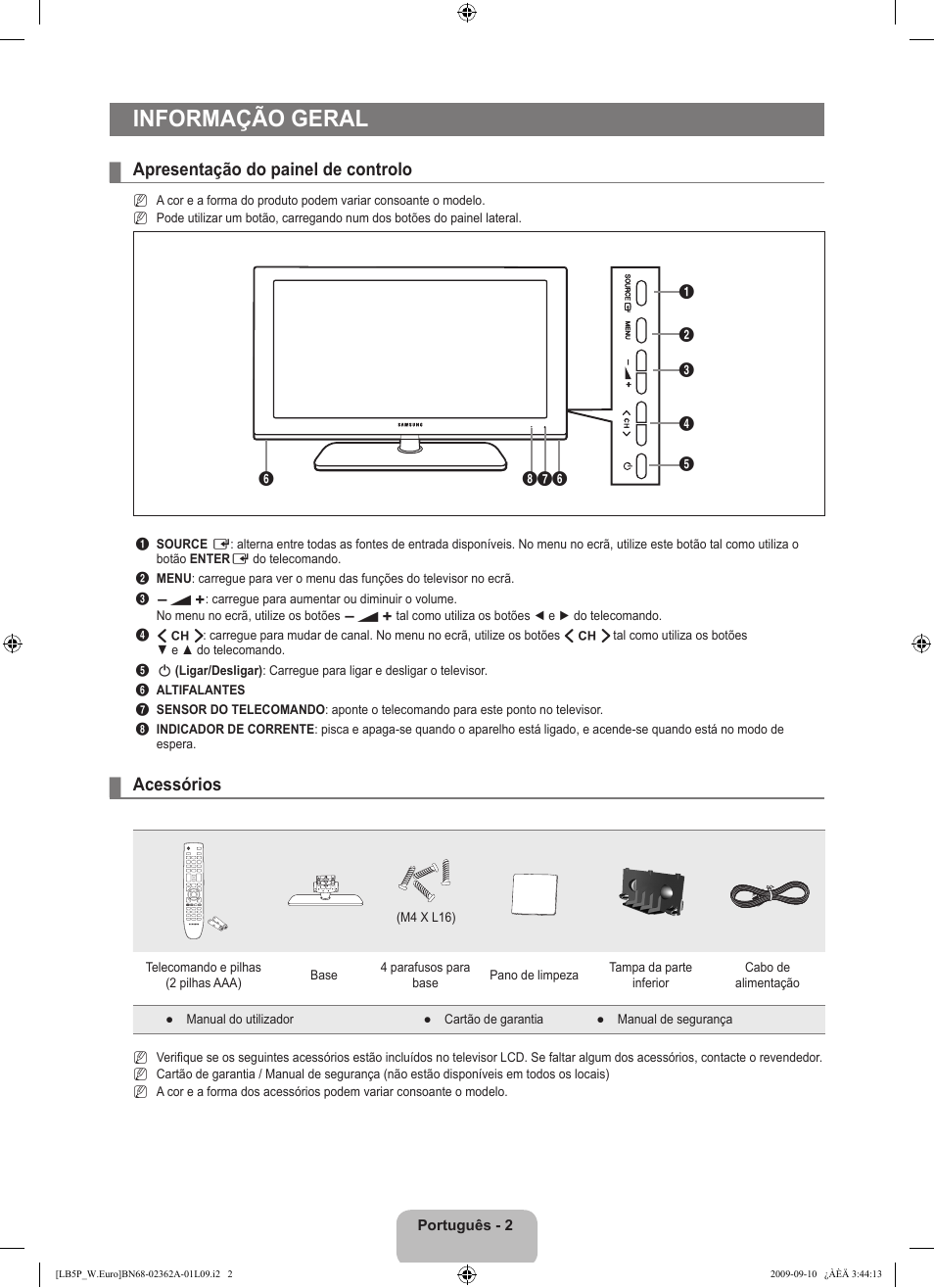 Informação geral, Apresentação do painel de controlo, Acessórios | Samsung LE46B530P7W User Manual | Page 222 / 336