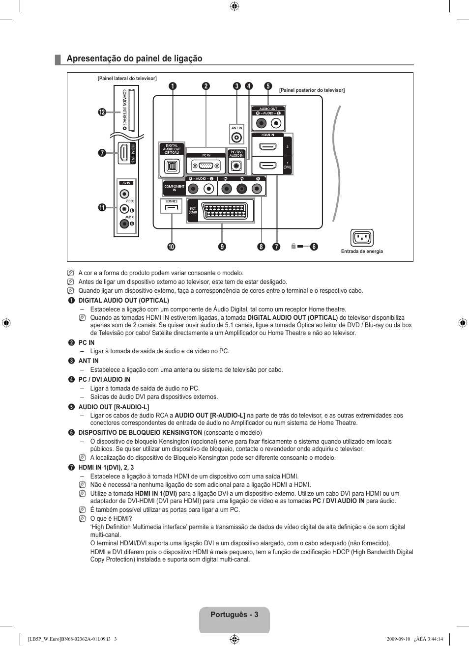 Apresentação do painel de ligação | Samsung LE46B530P7W User Manual | Page 223 / 336