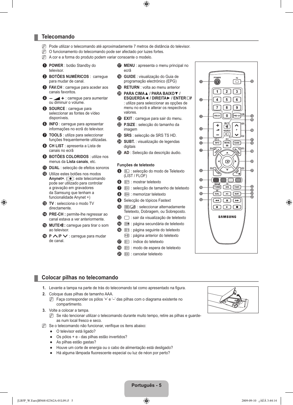 Telecomando, Colocar pilhas no telecomando | Samsung LE46B530P7W User Manual | Page 225 / 336