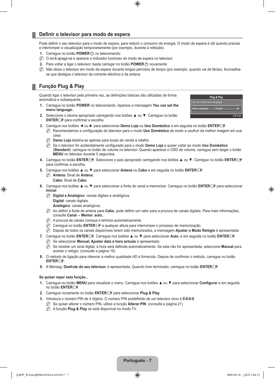 Definir o televisor para modo de espera, Função plug & play | Samsung LE46B530P7W User Manual | Page 227 / 336