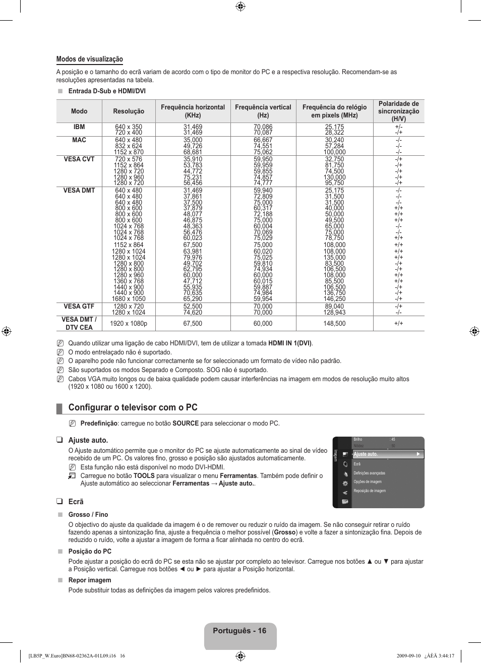 Configurar o televisor com o pc | Samsung LE46B530P7W User Manual | Page 236 / 336