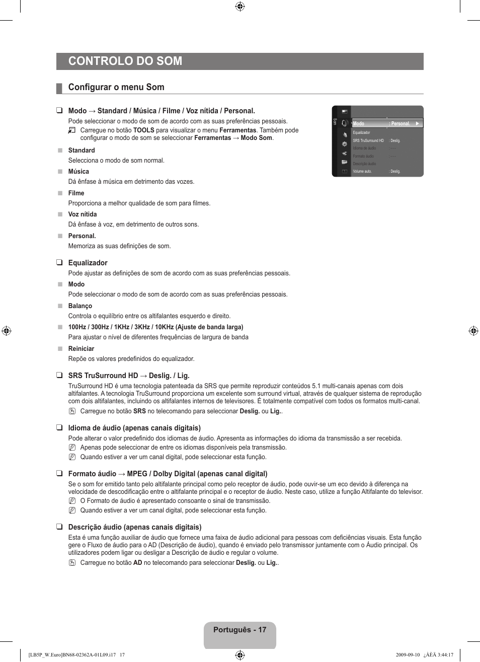 Controlo do som, Configurar o menu som | Samsung LE46B530P7W User Manual | Page 237 / 336