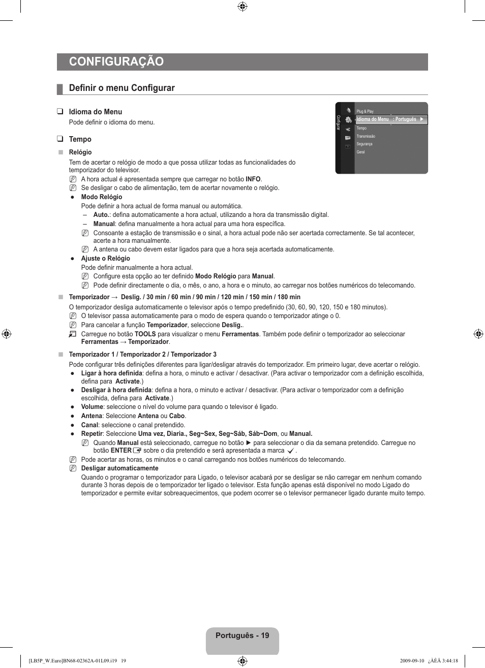 Configuração, Definir o menu configurar | Samsung LE46B530P7W User Manual | Page 239 / 336