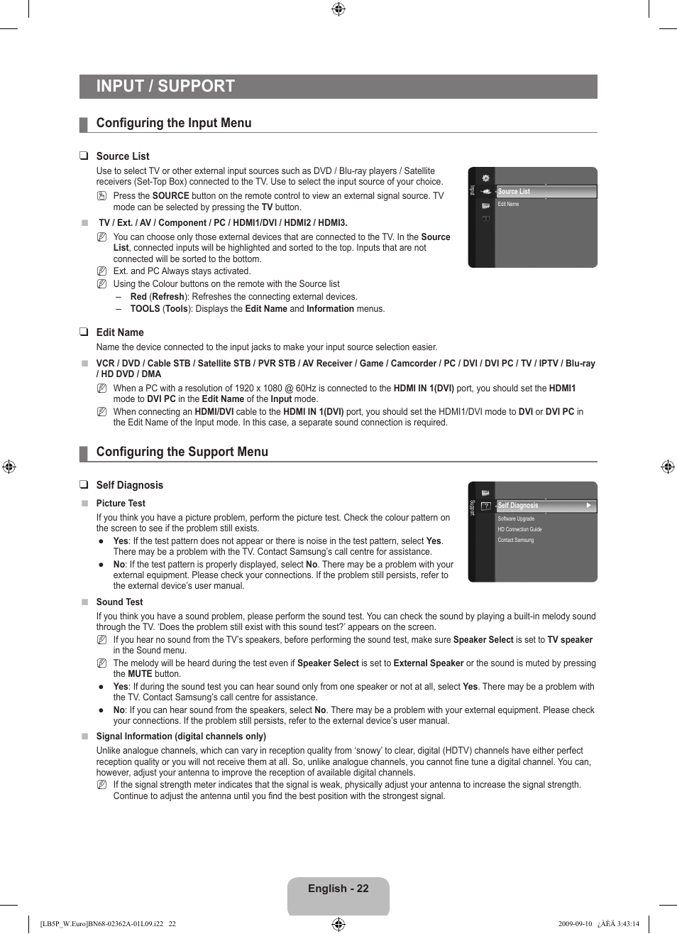 Input / support, Configuring the input menu, Configuring the support menu | Samsung LE46B530P7W User Manual | Page 24 / 336