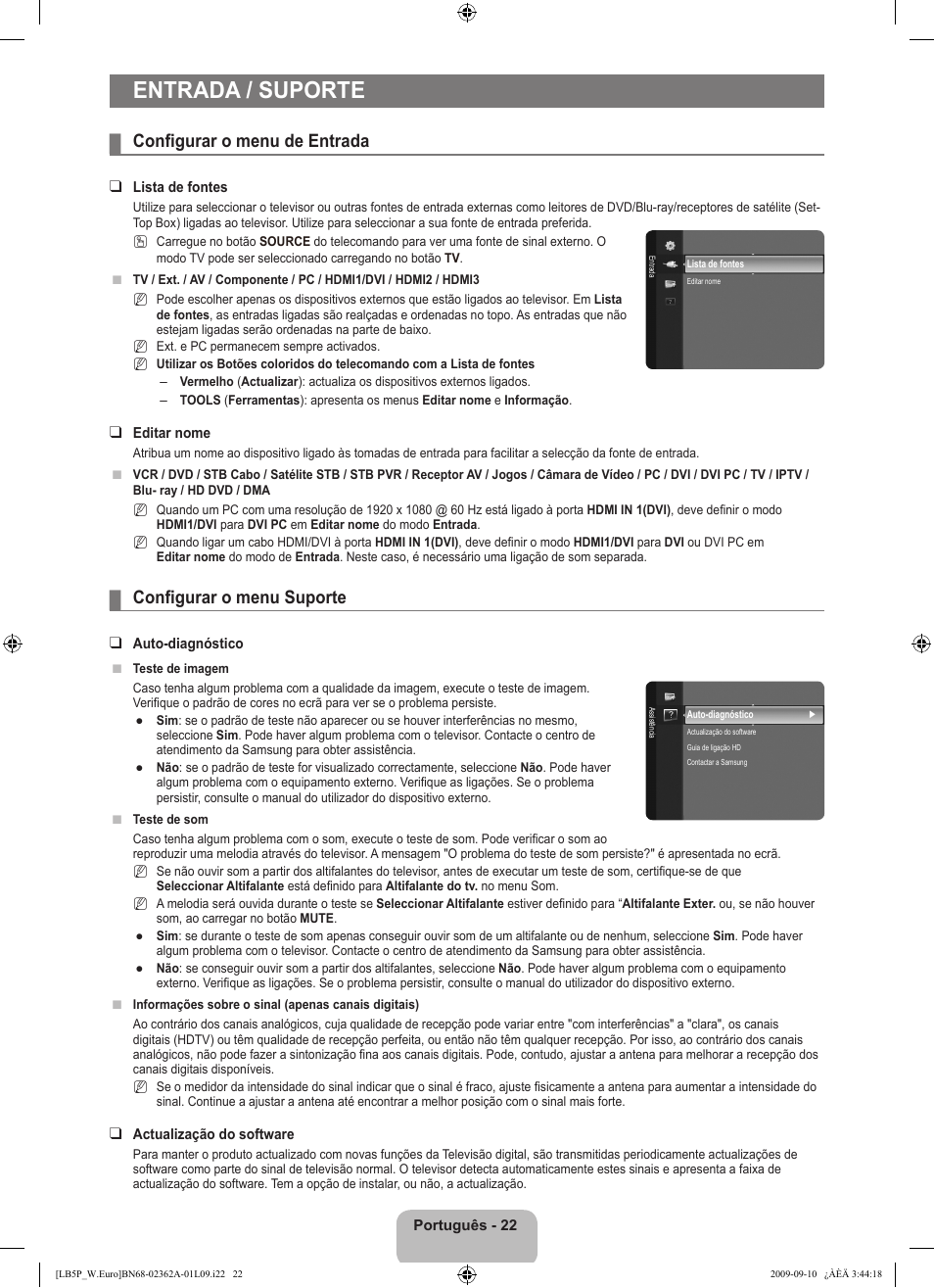 Entrada / suporte, Configurar o menu de entrada, Configurar o menu suporte | Samsung LE46B530P7W User Manual | Page 242 / 336