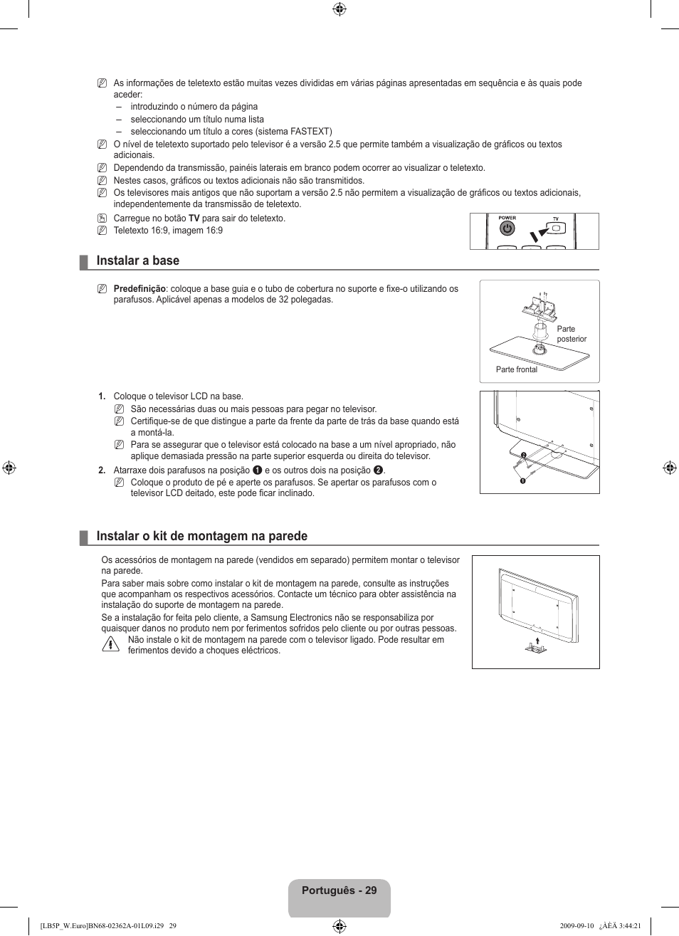 Instalar a base, Instalar o kit de montagem na parede | Samsung LE46B530P7W User Manual | Page 249 / 336