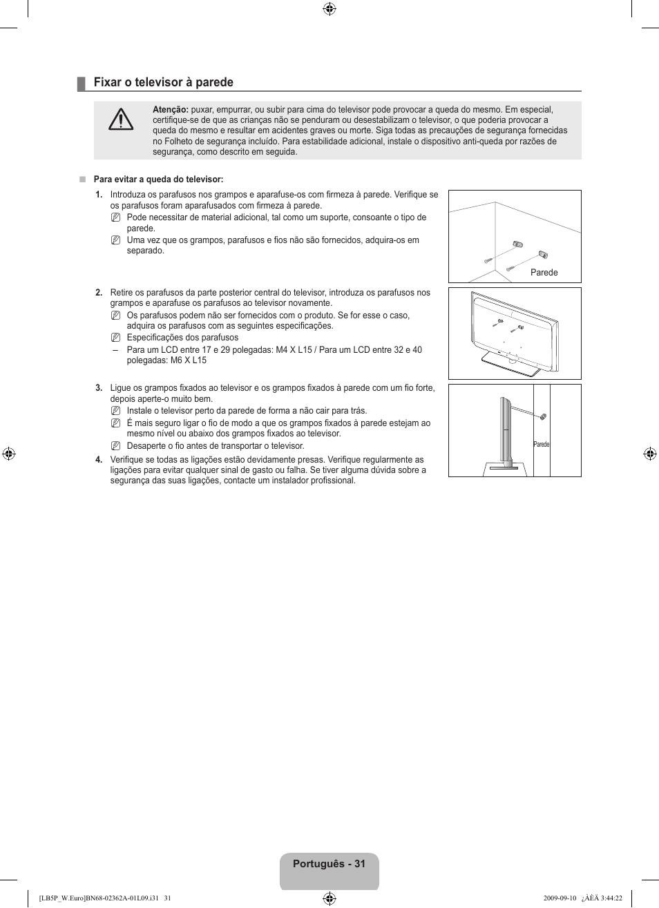 Fixar o televisor à parede | Samsung LE46B530P7W User Manual | Page 251 / 336