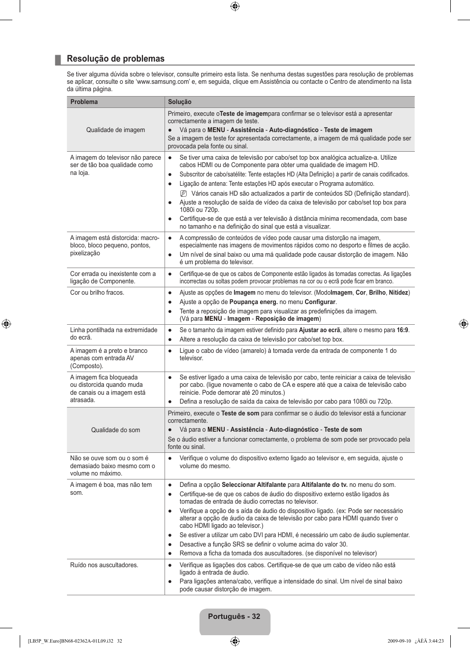 Resolução de problemas | Samsung LE46B530P7W User Manual | Page 252 / 336