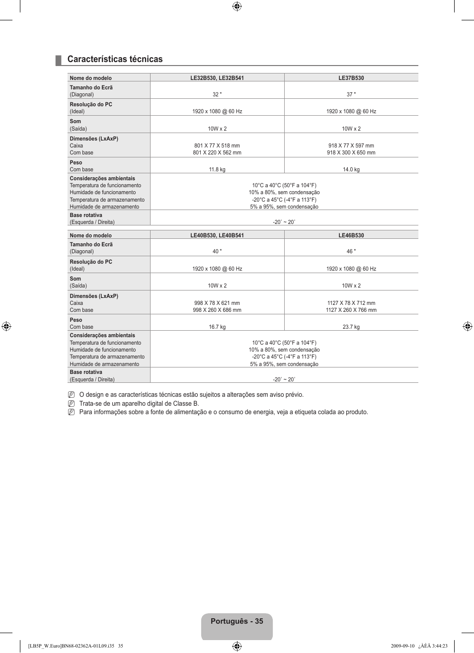 Características técnicas, Português - 35 | Samsung LE46B530P7W User Manual | Page 255 / 336