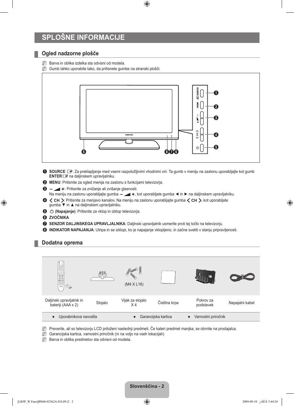 Splošne informacije, Ogled nadzorne plošče, Dodatna oprema | Samsung LE46B530P7W User Manual | Page 258 / 336