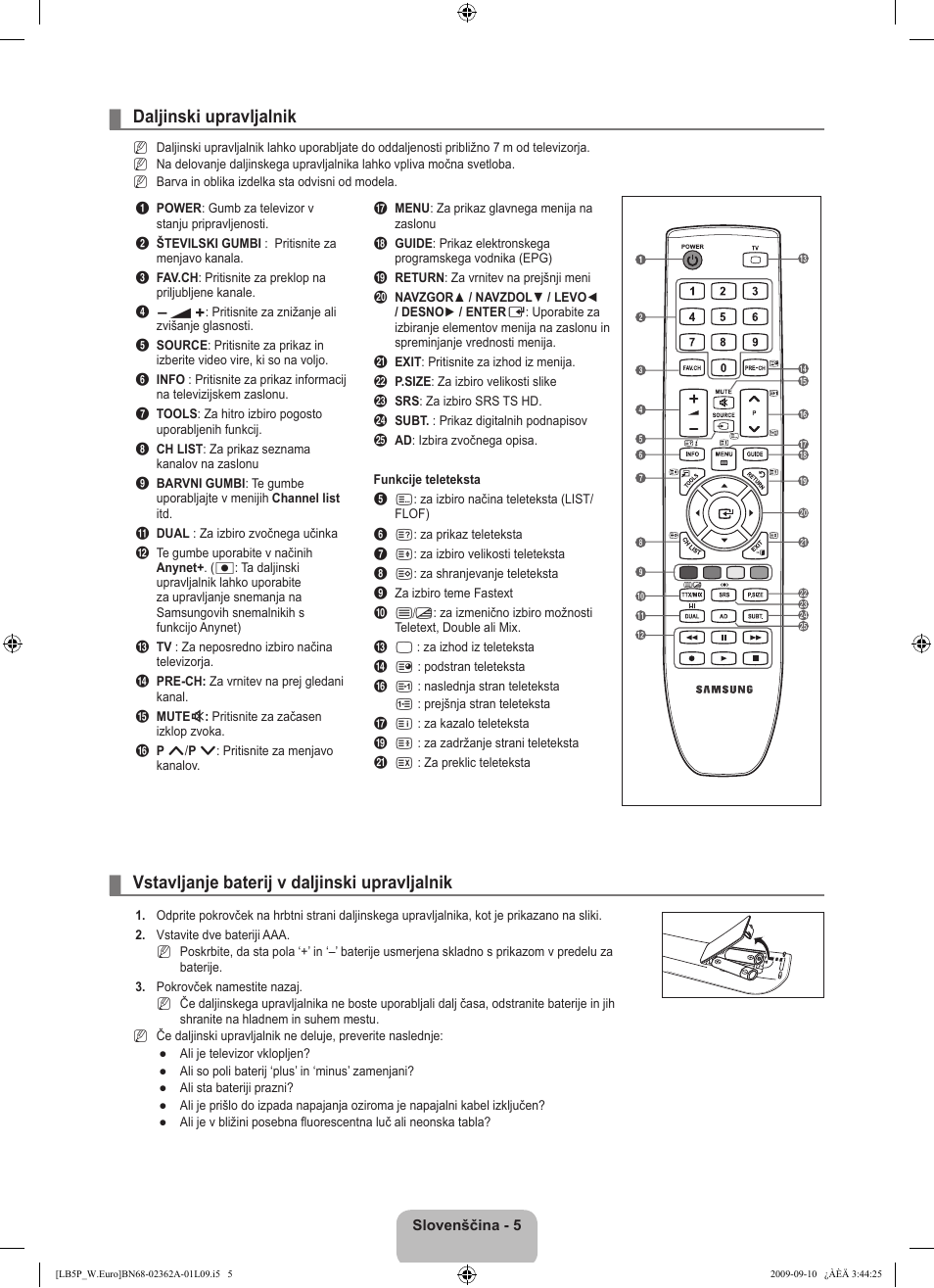 Daljinski upravljalnik, Vstavljanje baterij v daljinski upravljalnik | Samsung LE46B530P7W User Manual | Page 261 / 336