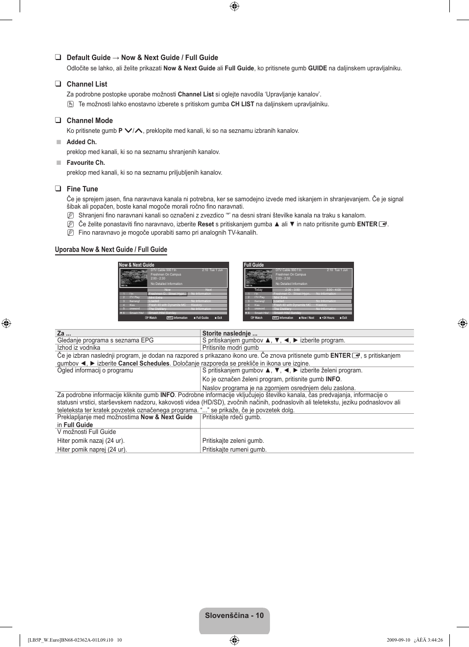 Channel list, Channel mode, Fine tune | Uporaba now & next guide / full guide, N n n | Samsung LE46B530P7W User Manual | Page 266 / 336