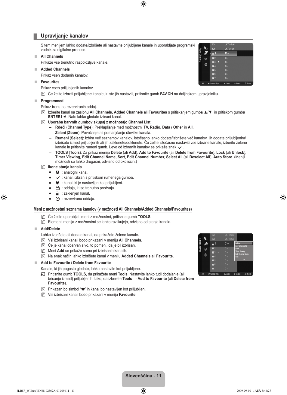 Upravljanje kanalov, Slovenščina - 11 | Samsung LE46B530P7W User Manual | Page 267 / 336