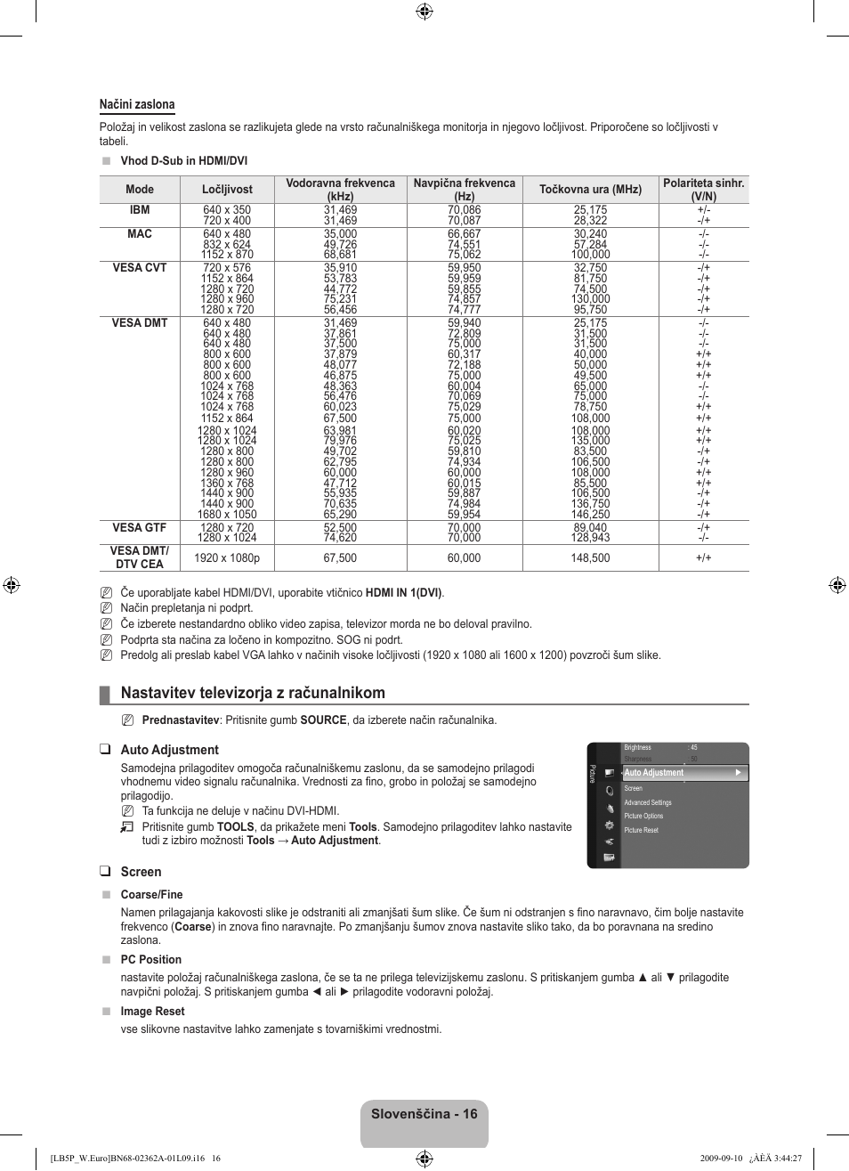 Nastavitev televizorja z računalnikom | Samsung LE46B530P7W User Manual | Page 272 / 336