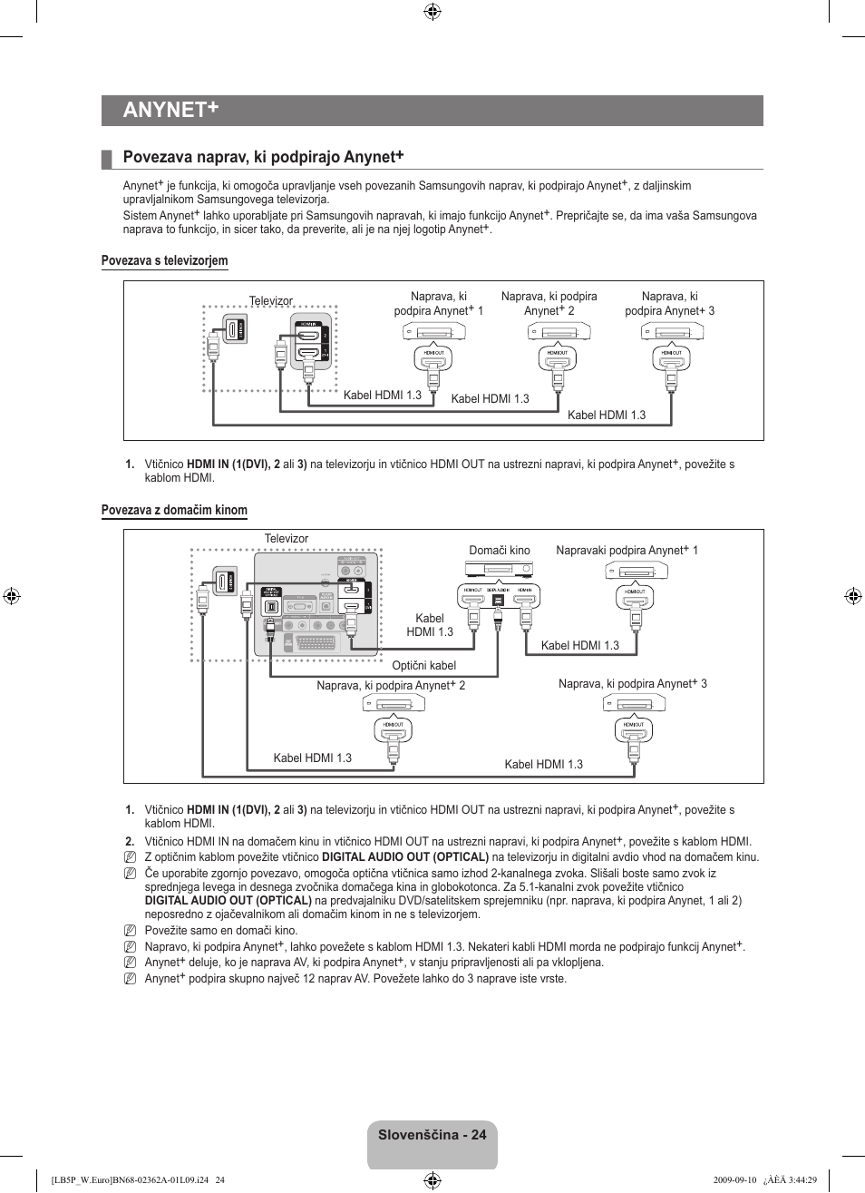 Anynet, Povezava naprav, ki podpirajo anynet | Samsung LE46B530P7W User Manual | Page 280 / 336