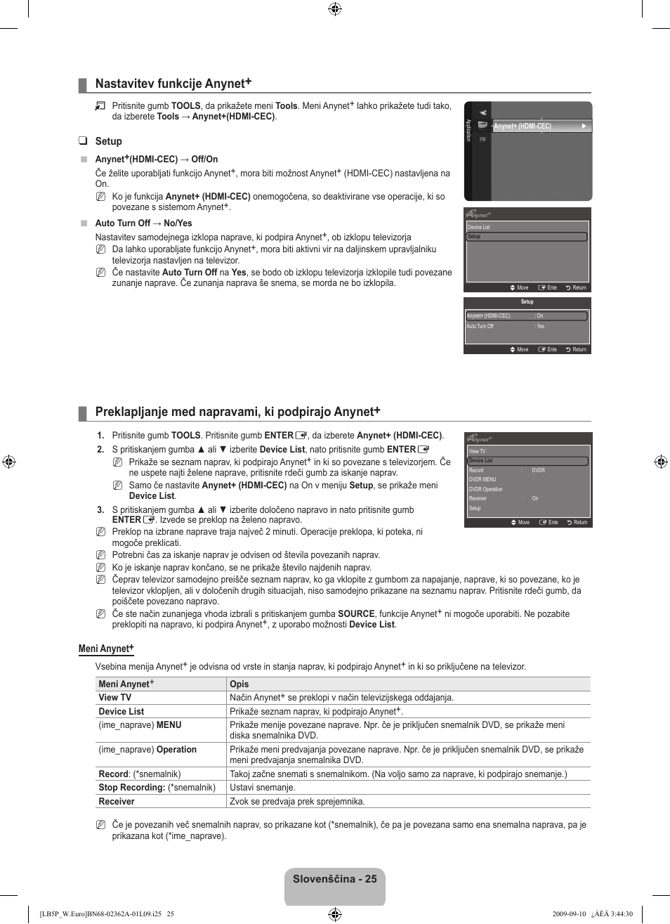 Nastavitev funkcije anynet, Preklapljanje med napravami, ki podpirajo anynet | Samsung LE46B530P7W User Manual | Page 281 / 336