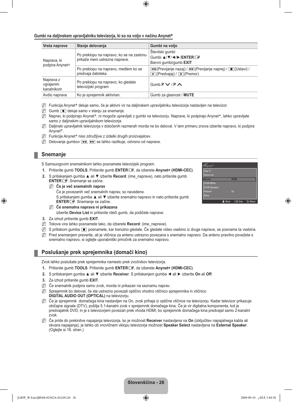 Snemanje, Poslušanje prek sprejemnika (domači kino) | Samsung LE46B530P7W User Manual | Page 282 / 336