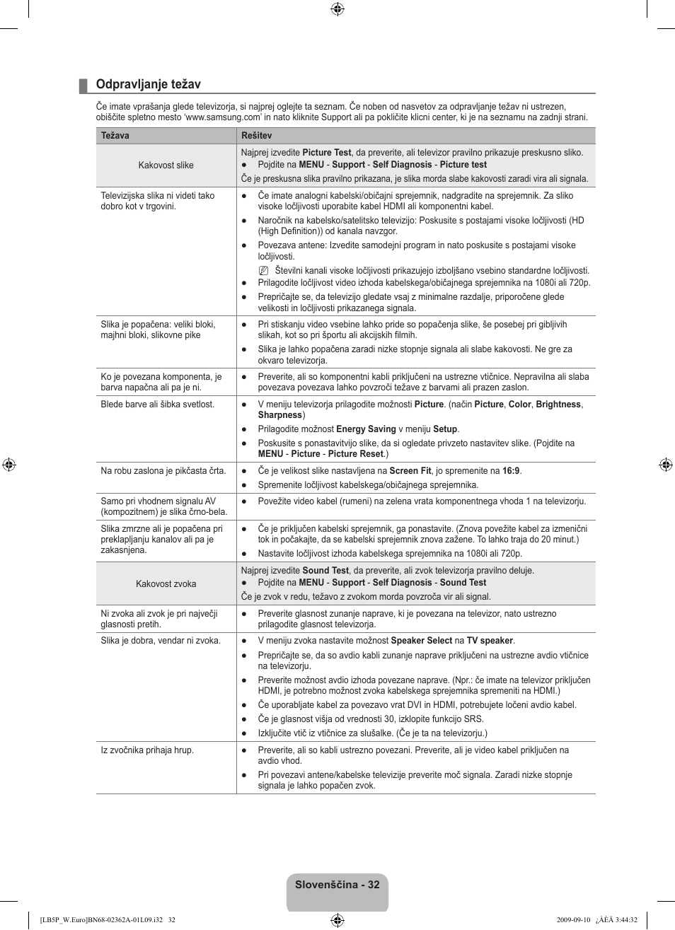 Odpravljanje težav | Samsung LE46B530P7W User Manual | Page 288 / 336