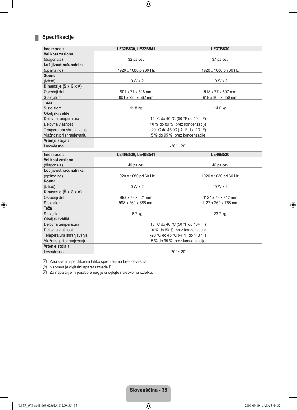 Specifikacije | Samsung LE46B530P7W User Manual | Page 291 / 336