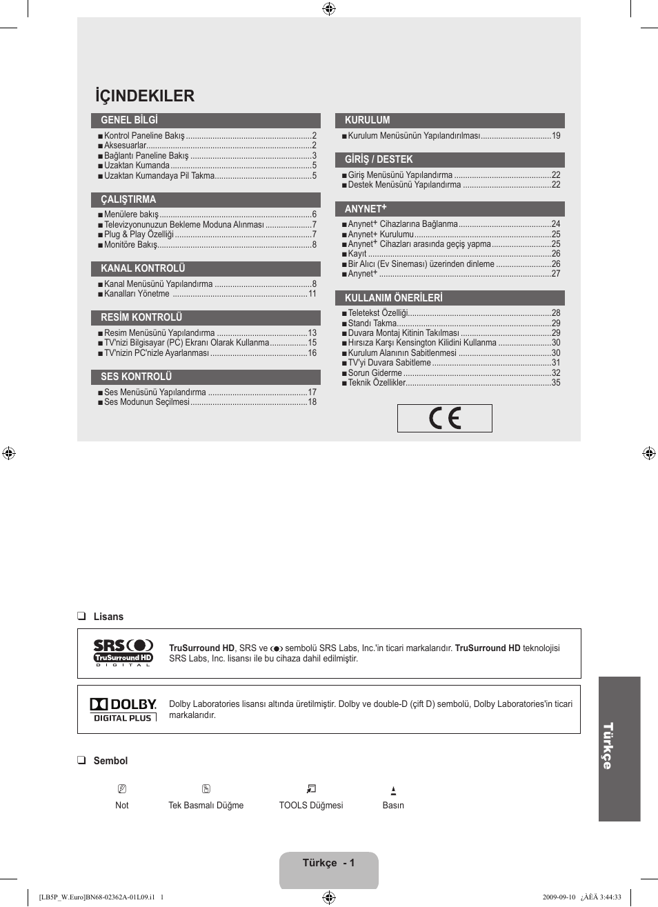 Içindekiler, Tür kçe | Samsung LE46B530P7W User Manual | Page 293 / 336