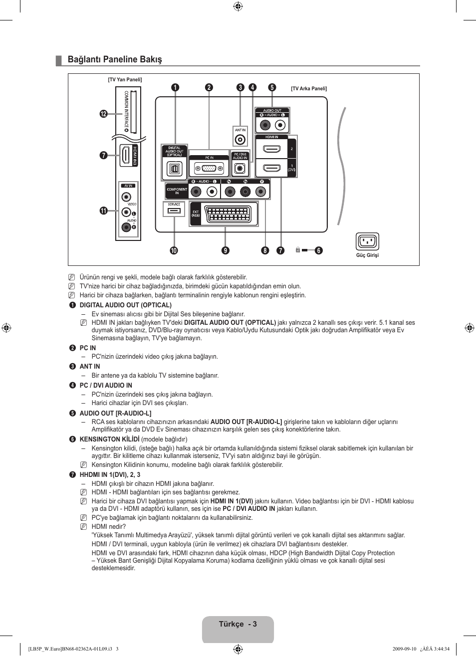 Bağlantı paneline bakış | Samsung LE46B530P7W User Manual | Page 295 / 336