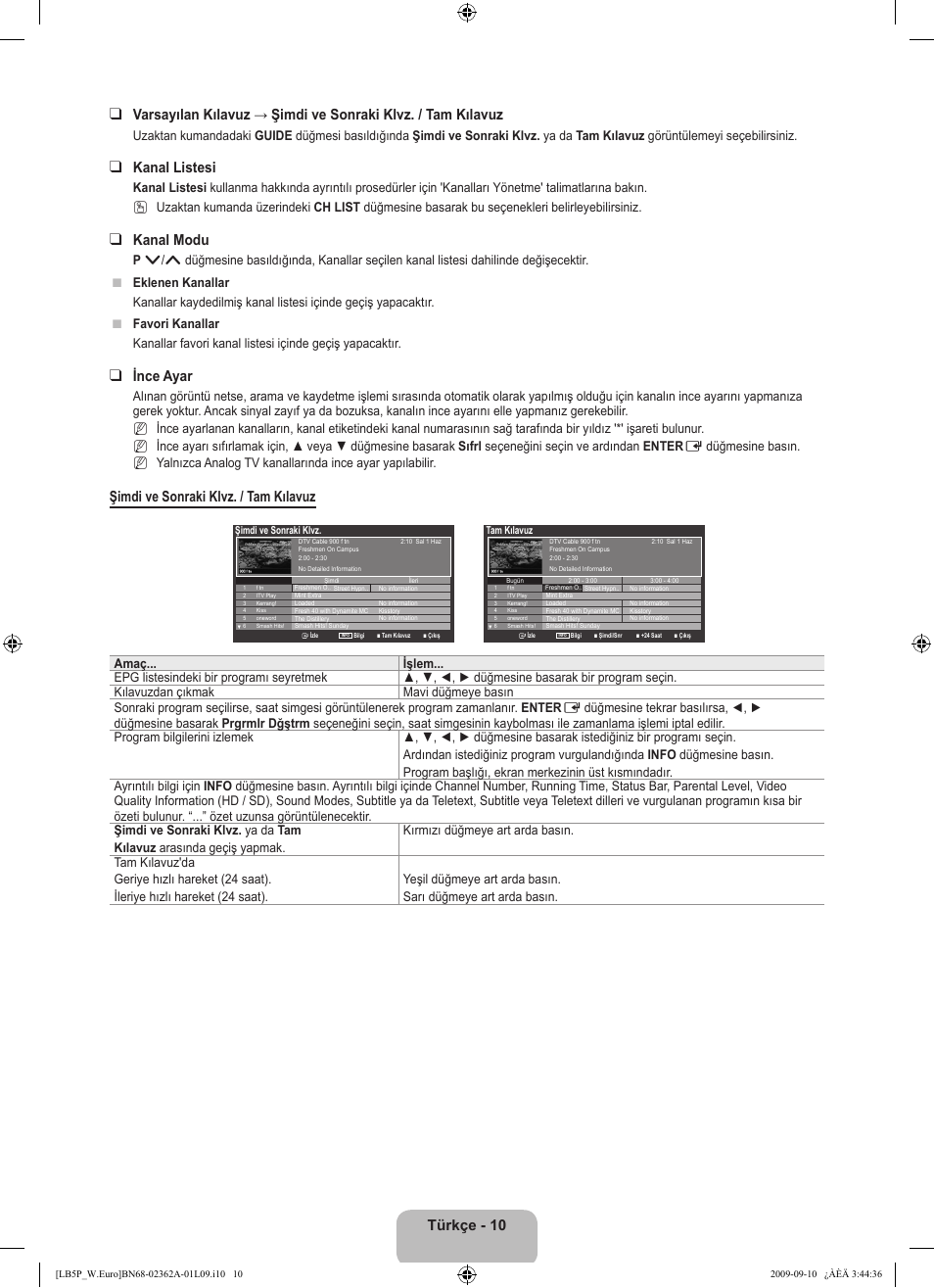 Türkçe - 10, Kanal listesi, Kanal modu | Ince ayar, Şimdi ve sonraki klvz. / tam kılavuz, N n n | Samsung LE46B530P7W User Manual | Page 302 / 336