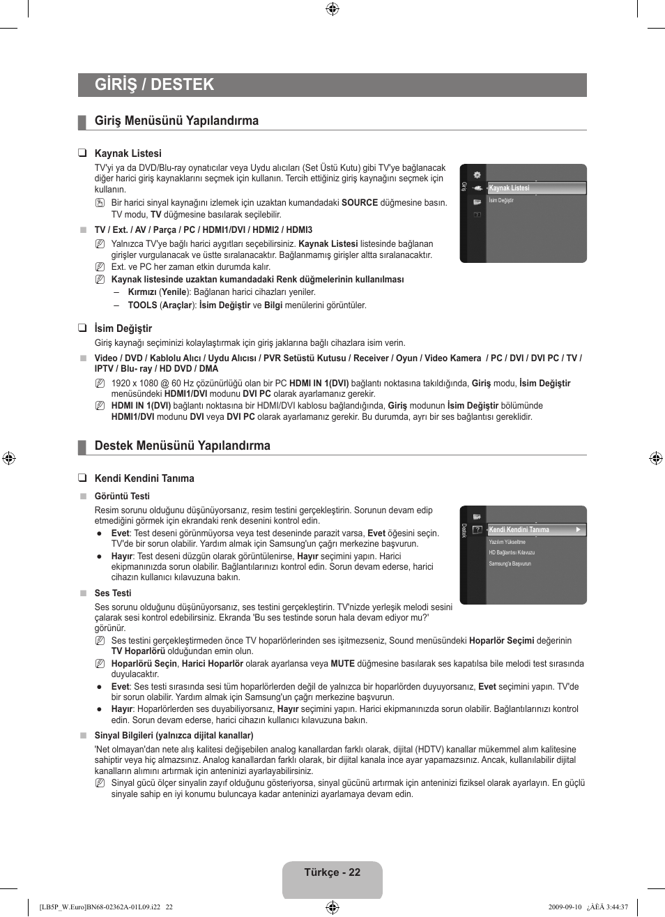 Giriş / destek, Giriş menüsünü yapılandırma, Destek menüsünü yapılandırma | Samsung LE46B530P7W User Manual | Page 314 / 336