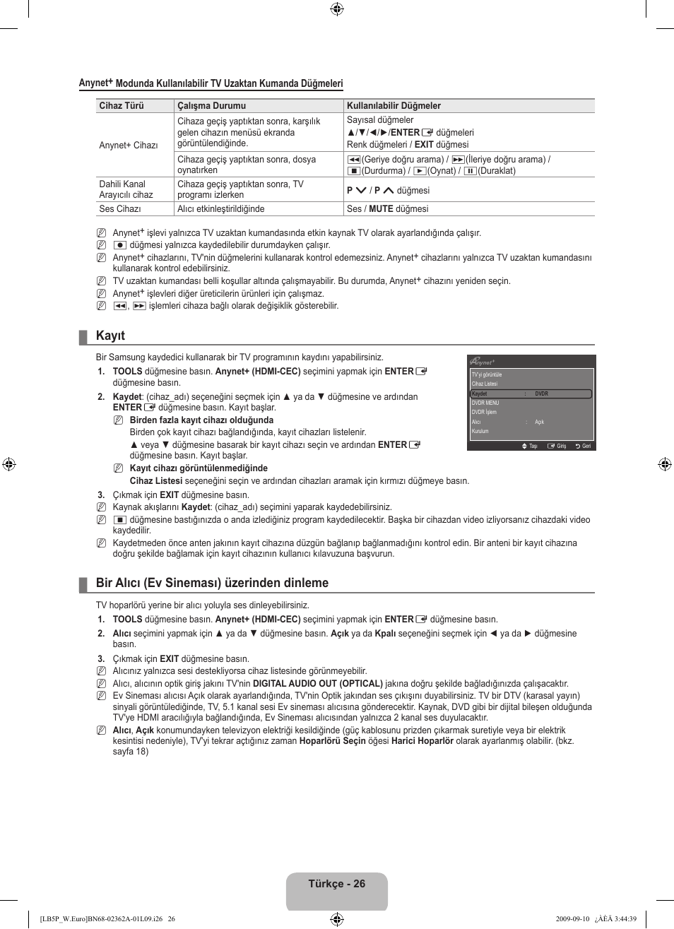 Kayıt, Bir alıcı (ev sineması) üzerinden dinleme | Samsung LE46B530P7W User Manual | Page 318 / 336