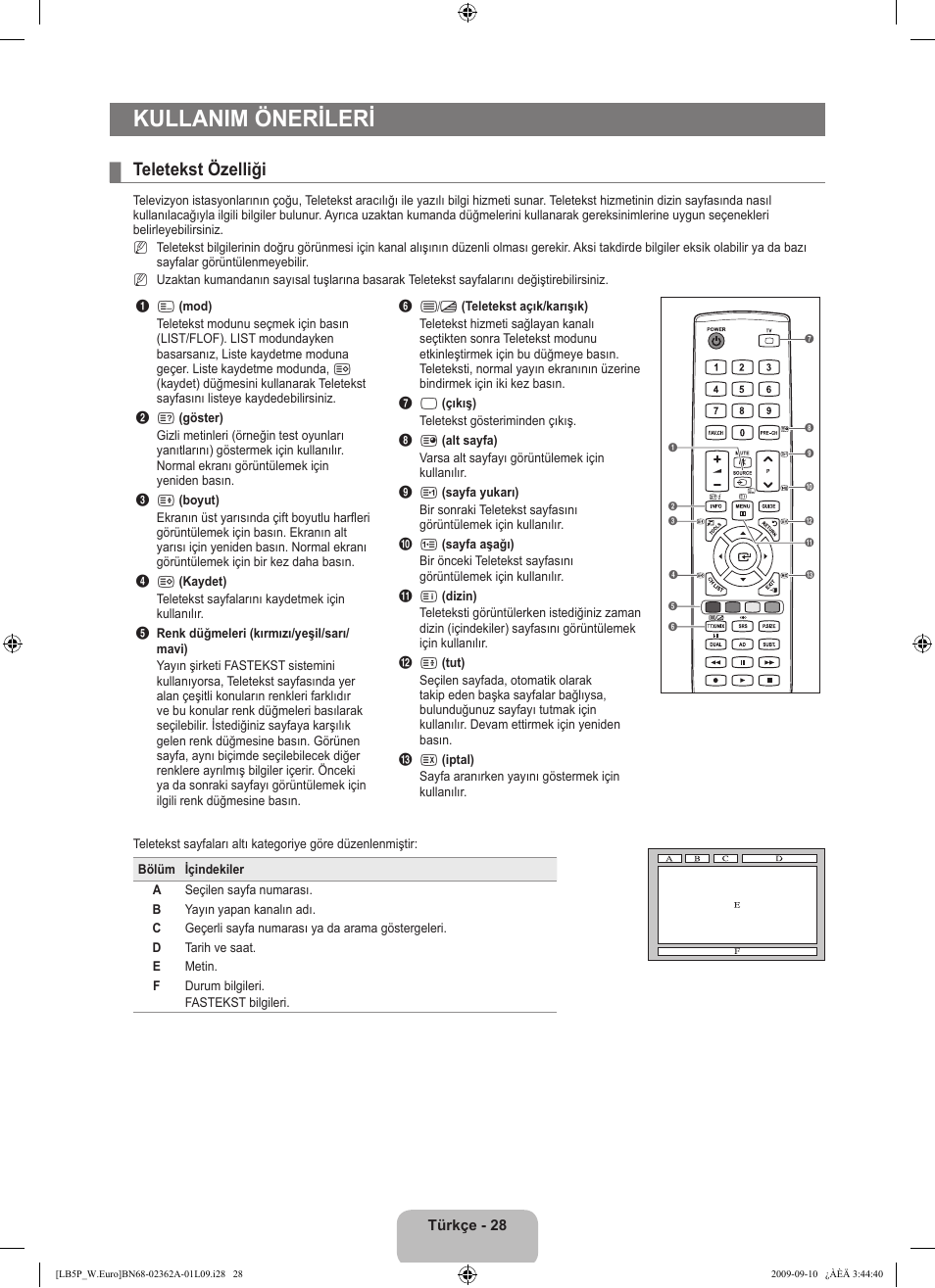 Kullanim önerileri, Teletekst özelliği | Samsung LE46B530P7W User Manual | Page 320 / 336