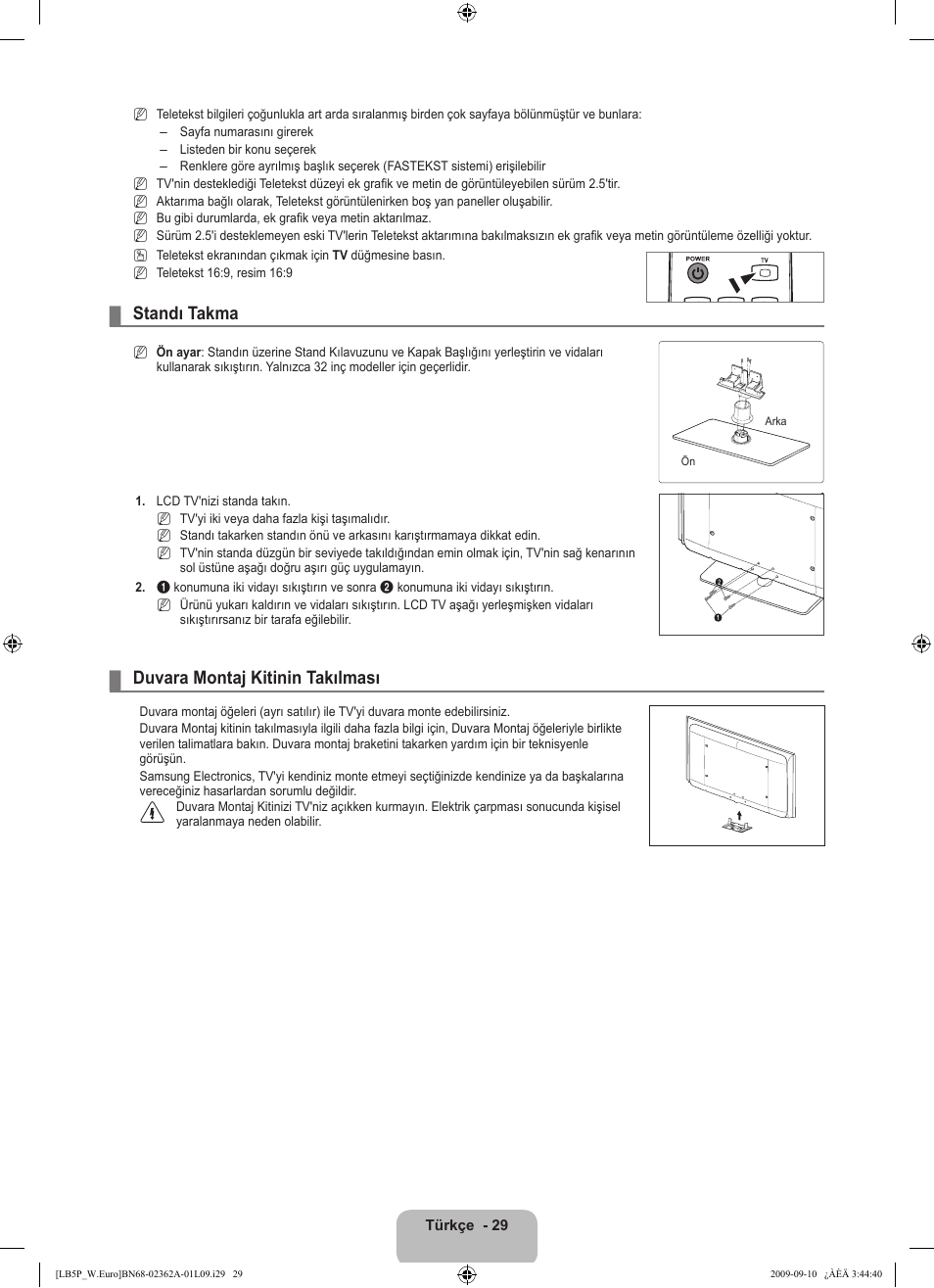 Standı takma, Duvara montaj kitinin takılması | Samsung LE46B530P7W User Manual | Page 321 / 336