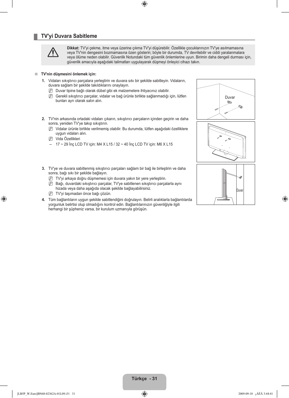 Tv'yi duvara sabitleme | Samsung LE46B530P7W User Manual | Page 323 / 336