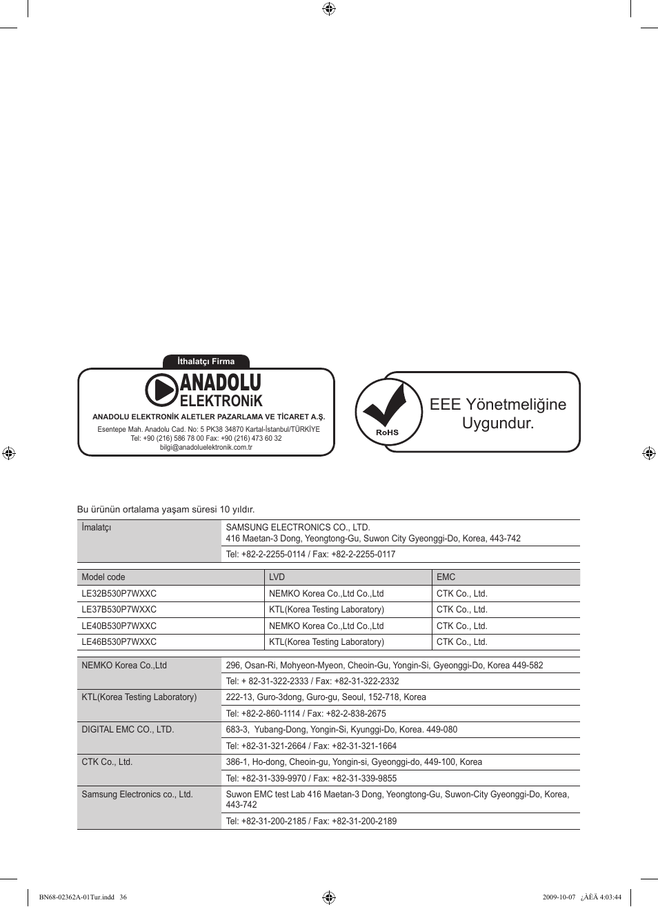 Anadolu, Eee yönetmeliğine uygundur, Elektronik | Samsung LE46B530P7W User Manual | Page 328 / 336