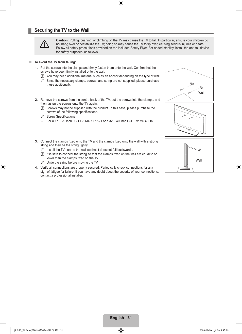 Securing the tv to the wall | Samsung LE46B530P7W User Manual | Page 33 / 336