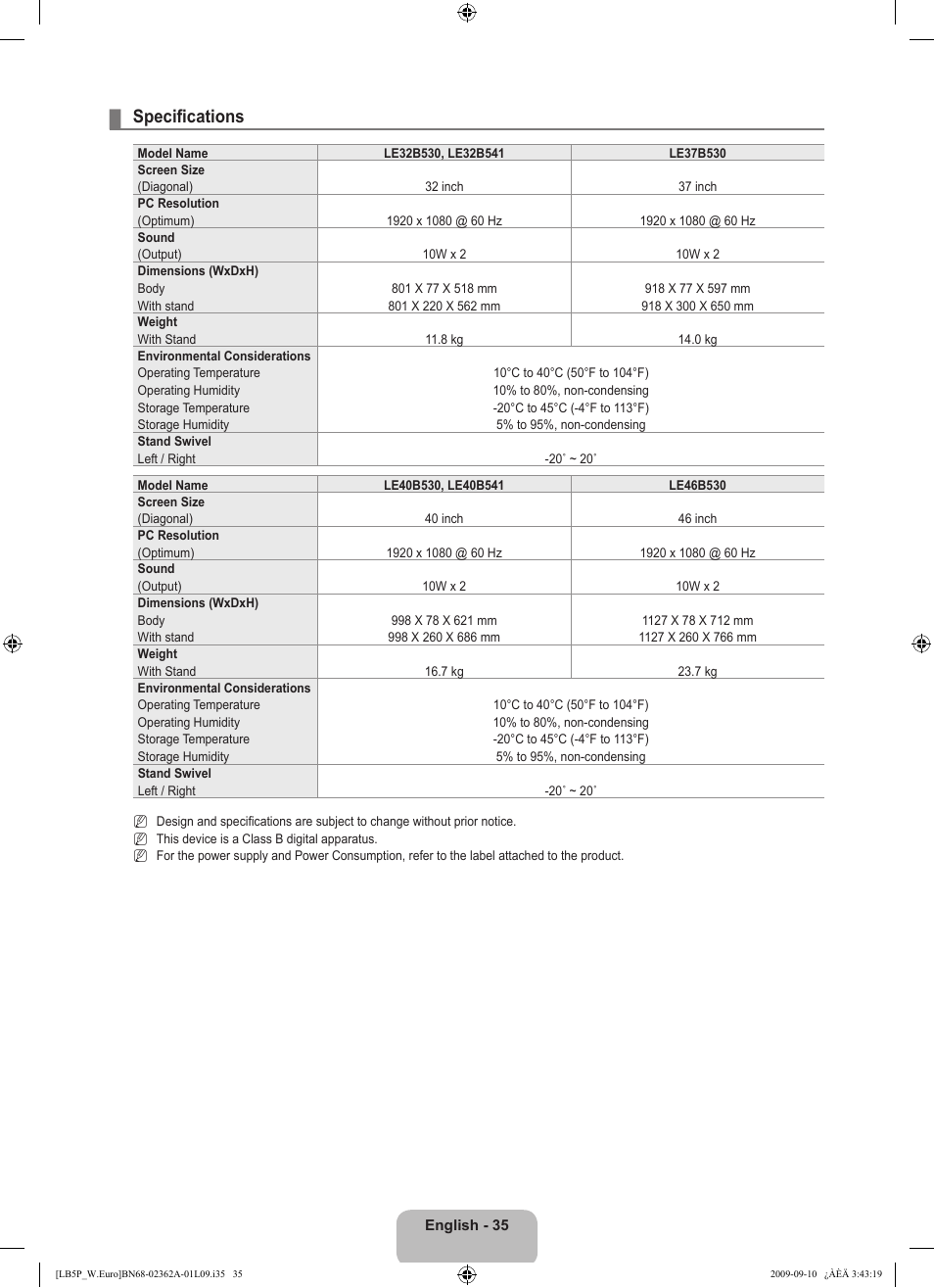 Specifications | Samsung LE46B530P7W User Manual | Page 37 / 336