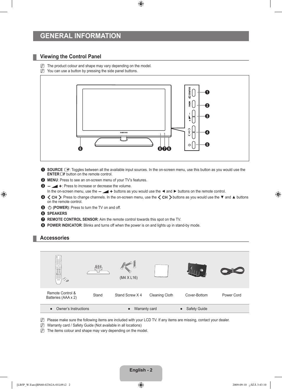 General information, Viewing the control panel, Accessories | Samsung LE46B530P7W User Manual | Page 4 / 336